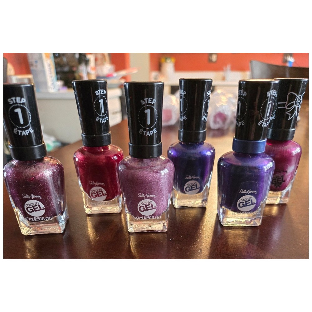 Sally Hansen Miracle Gel Nail Polish Lot 6 Bottles Purple Pink Burgundy Shimmer